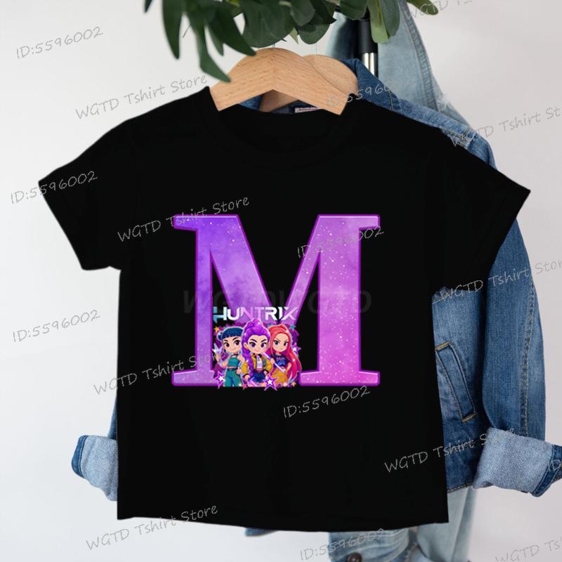 Clothes Child Girl KPop Demon Hunters Letters T-shirt for Children Cartoon Girls Boys Cotton Tee A-Z 26 Alphabet Kids Clothes
