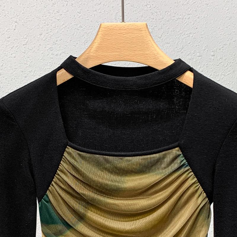 Mesh Base Top for Women Latest Womens Classic Style Square Collar Tie-dyed Long-sleeved T-shirt Stretch-in-line Top