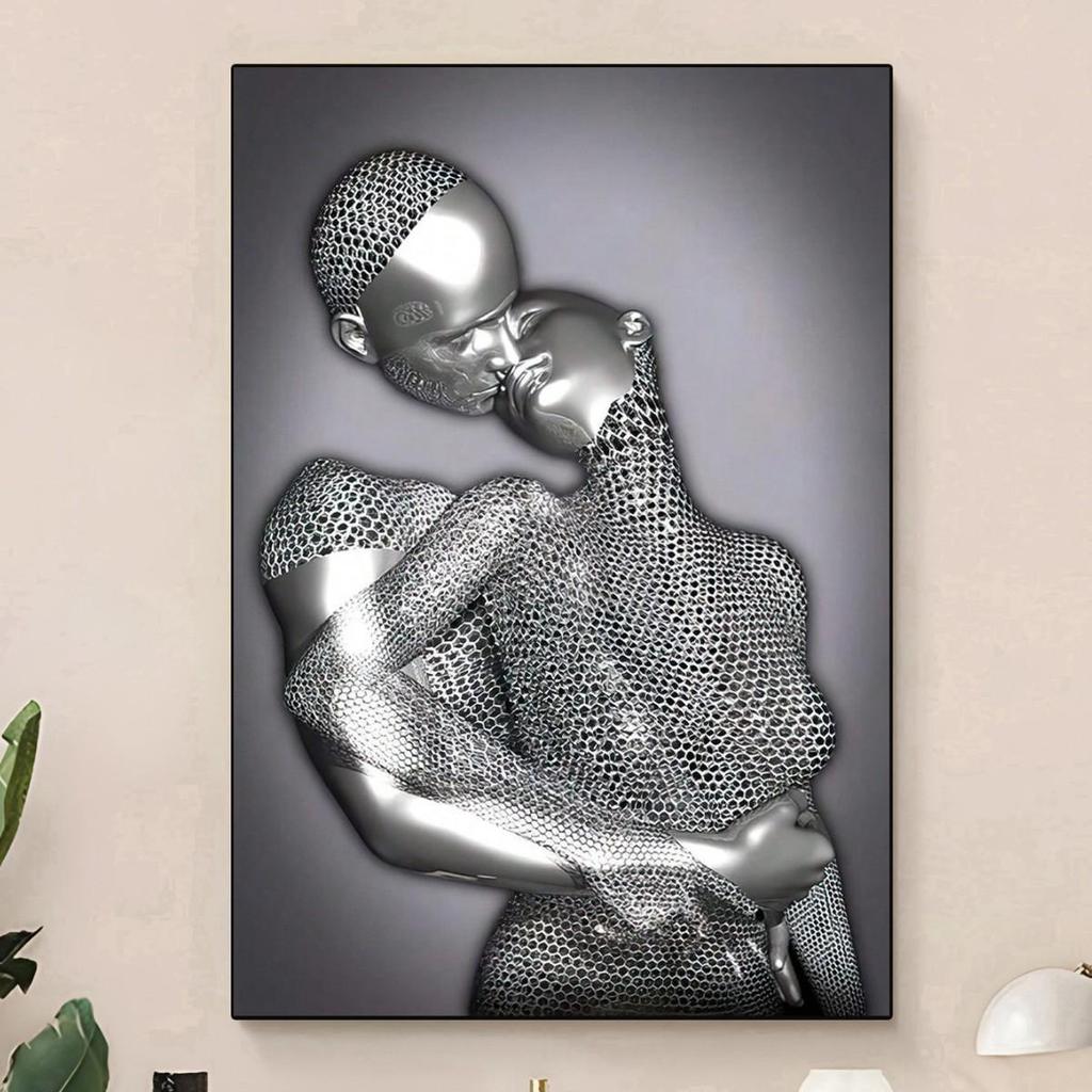Black Gold Heart Statue Poster: Modern Art Canvas for Living Room Décor