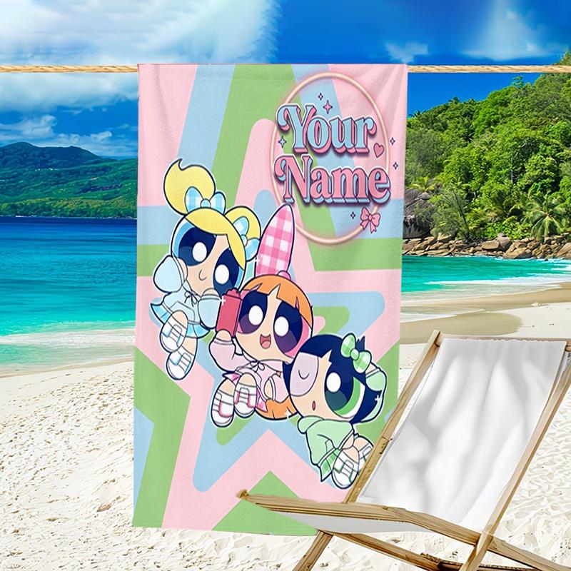 1pc Powerpuff Beach Towel with Custom Name, Beach and Seaside Swimming Pool Equipment, Fashion Pattern, Rectangular, Travel Essential