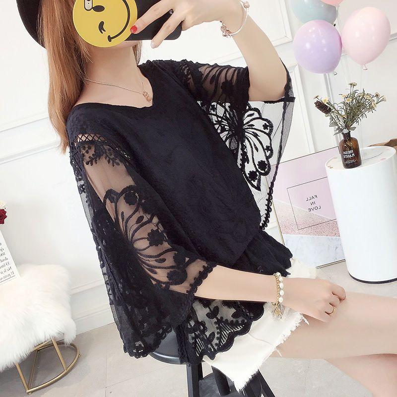 Spring Summer Women Blouses Bat Sleeves Flower Lace Chiffon Blouse Hollow Out Blouses Plus Size Shirts Women Shirt Tops