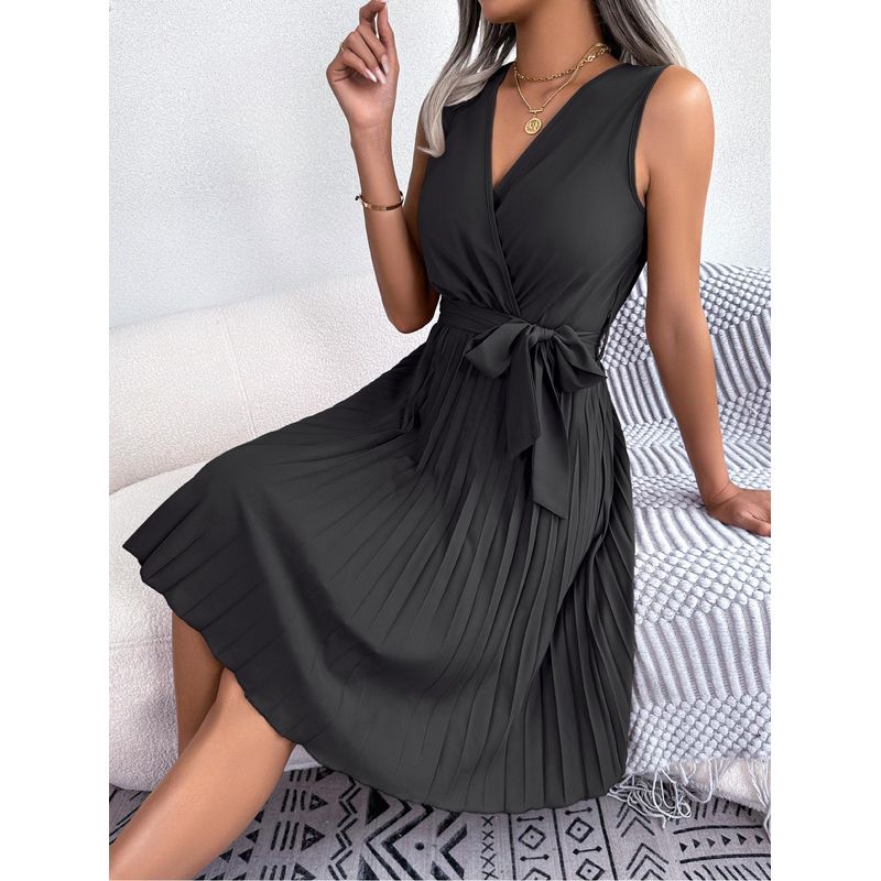 

European and American Spring and Summer Temperament Cross V-neck Sleeve Waist Hugging Pleated Dress Little Short Dress Women clothes Black XL