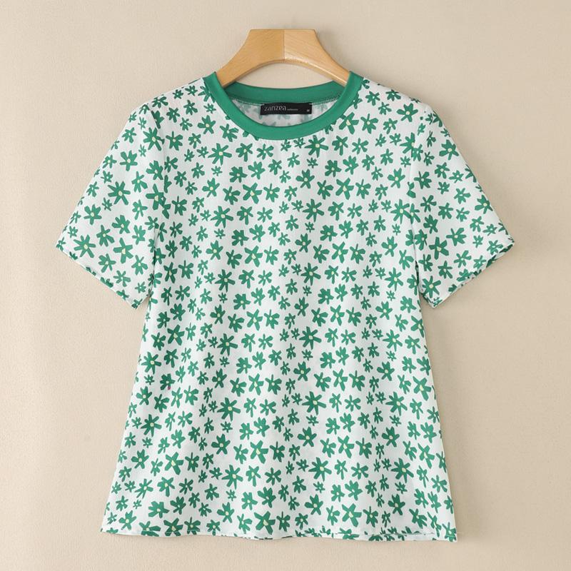 

ZANZEA Женская повседневная блузка с круглым вырезом, свободного кроя, с цветочным принтом и короткими рукавами M