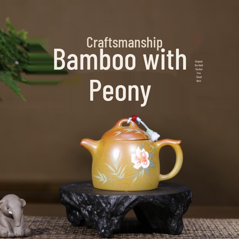 Handmade Yixing Zisha Bamboo Peony Kung Fu Tea Set 180cc