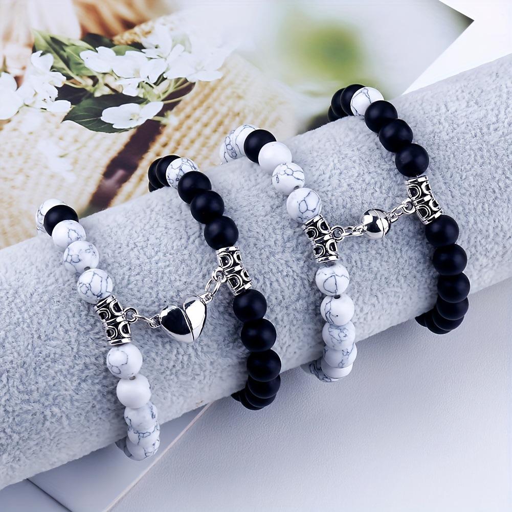Matte Black & Turquoise Heart-Shaped Magnetic Couple Bracelets Set