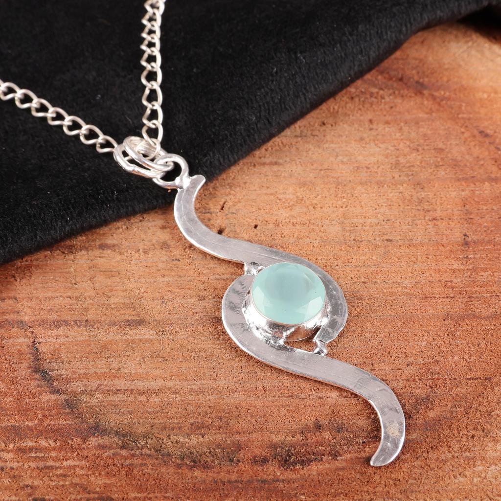Aqua Chalcedony Handmade Gemstone Jewelry, 925 Solid Sterling Silver Pendant Unique Design Jewelry, For Women