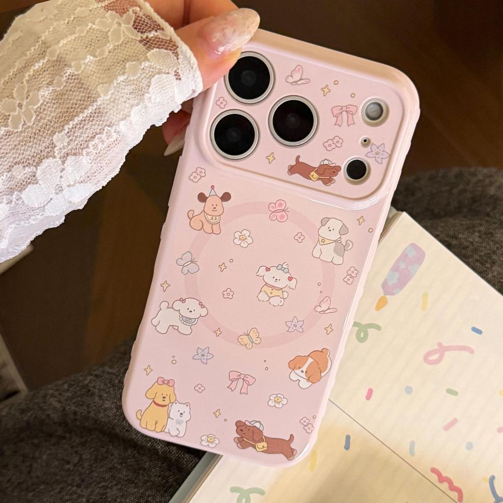 Full-Screen Dog Cartoon iPhone 17 Pro Max Magnetic Bracket Case, Soft Korean Style