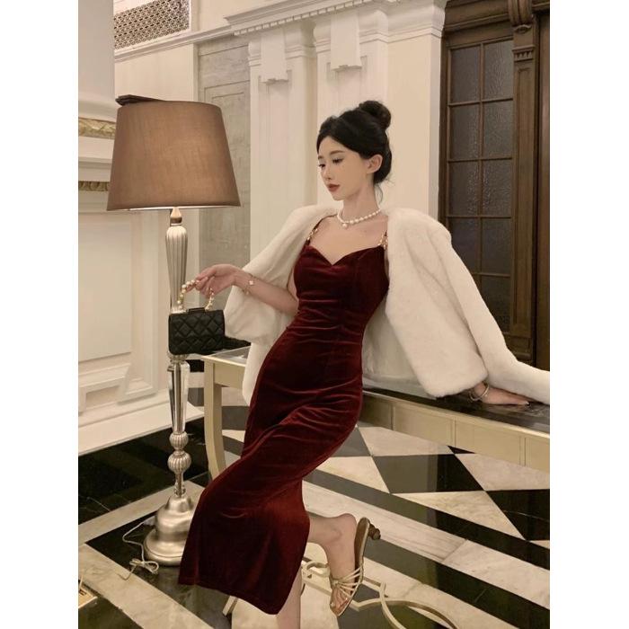 Velvet Dress Women's Morning Inside Temperament Socialite Medium and Long Suspender Skirt Pleated Waist Hip Skirt