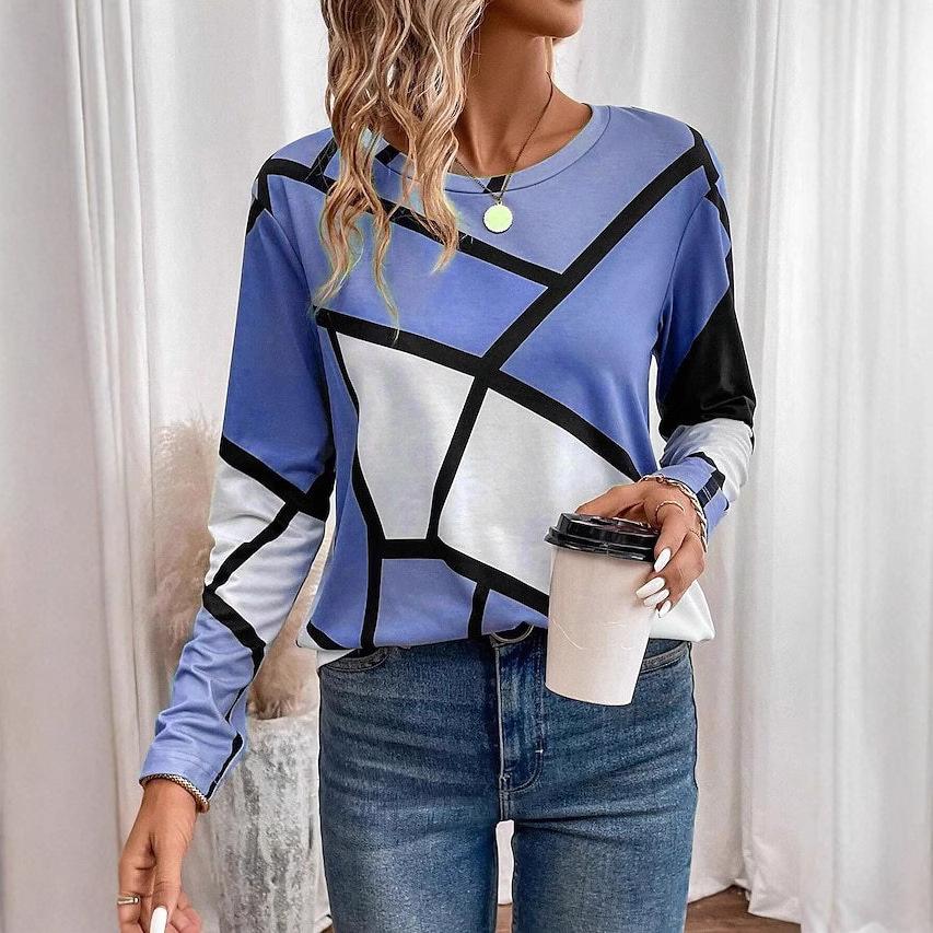 

Весенне-осенний топ с круглым вырезом, геометрическим цветным блоком и 3D-принтом, модная повседневная женская футболка с длинным рукавом 5XL