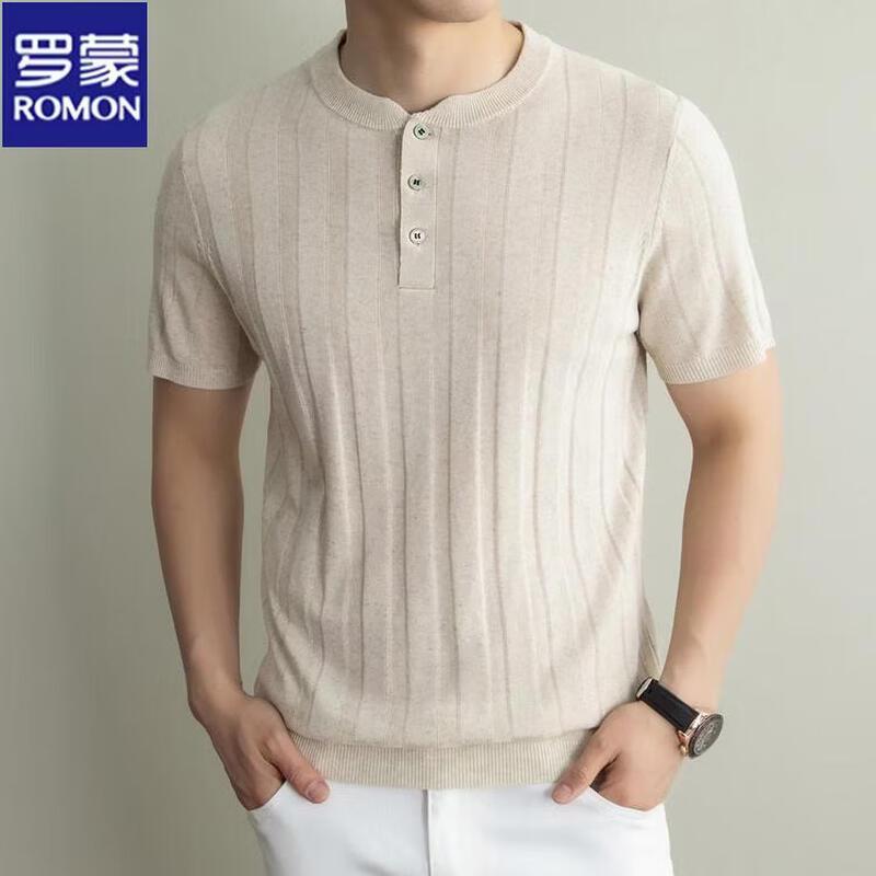 

ROMON Men s Henley Collar Knitted Cooling T-Shirt with Vertical Stripes 2XL