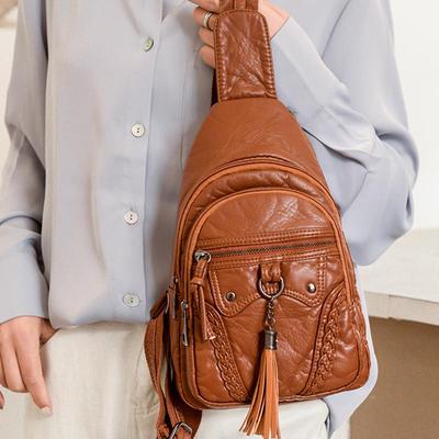Retro Chest Bag for Women Soft Leather Crossbody Bag Casual Waist Bag Travel Shoudler Bag Sport Anti-theft Pack