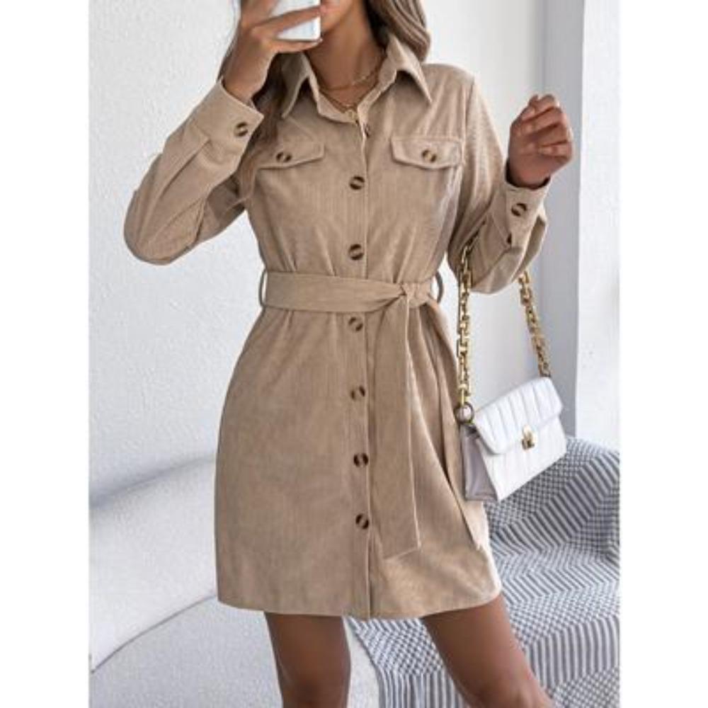 Women's Casual Solid-color Single-breasted Long-sleeved Lace-up Corduroy Shirt Dress for Autumn and Winter Dress