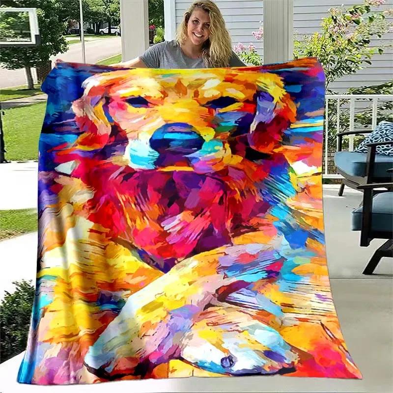 Cute Dog Painting Flannel Throw Blanket Colourful Dog Art Pattern Blanket for Bed Sofa Couch Super Soft Lightweight King Size