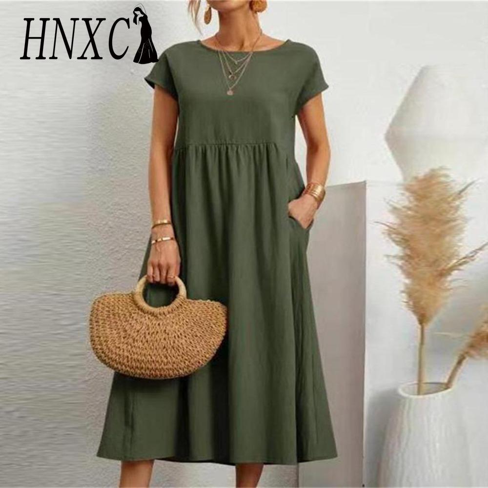 HNXC Sommer Freizeit Lockeres Kleid Damen Kurzarm O-Ausschnitt A-Linie Damenkleid mit Tasche Büro Damen Baumwolle Leinen Kleider
