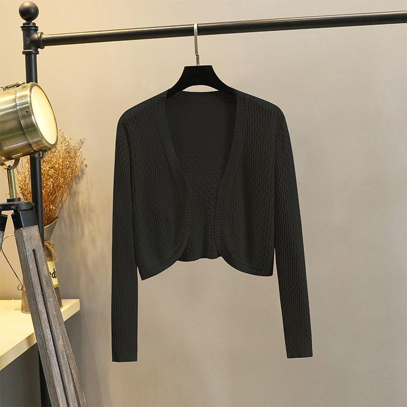 

Вязаный кардиган из ледяного шелка, женский летний тонкий короткий рукав, платье-слинг, короткий жилет, верхняя одежда, сочетается с короткой шалью и рубашкой от солнца Black-Summer Long sleeves -235 XL