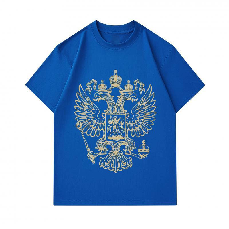 Men's 100% Cotton Crew Neck Short Sleeve T-Shirt, Golden Double Headed Eagle Emblem Printed Casual Breathable Comfortable Classic Loose Fit Daily Wear