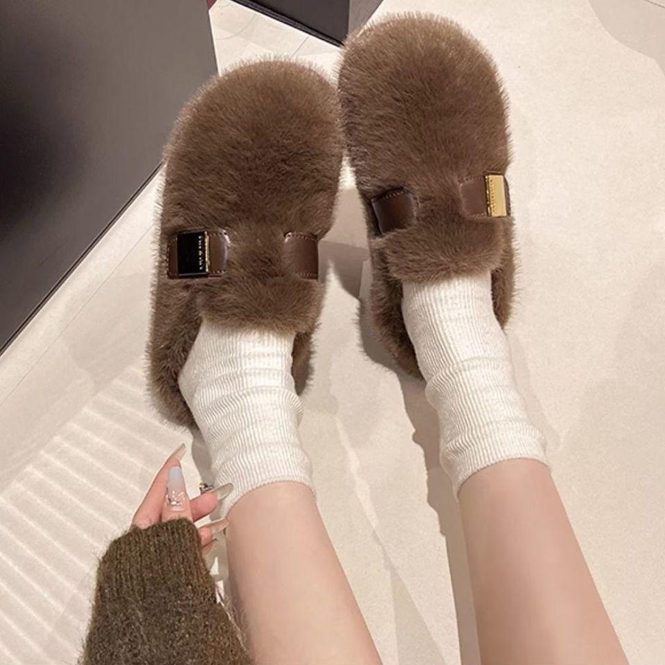 Niche leather button fluffy shoes slippers women's shoes wear new autumn and winter retro velvet cotton shoes bag head half slippers