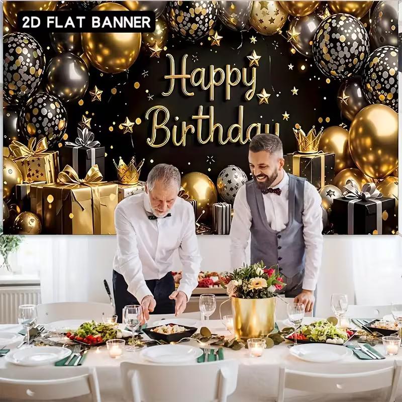 2D Luxury Black Gold Birthday Banner for Night & Adult Themed Parties