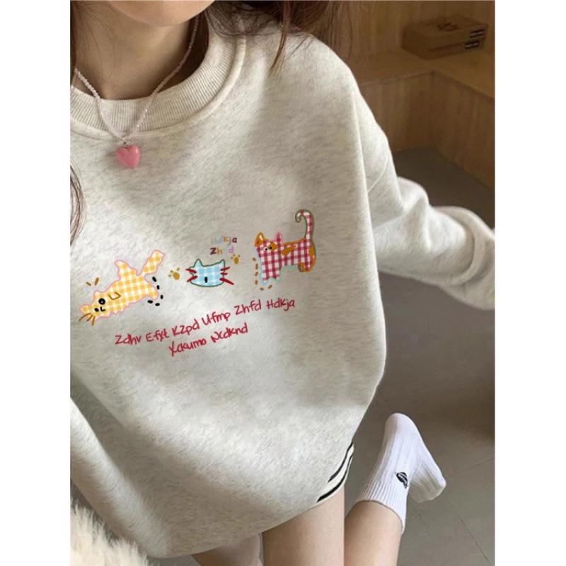 Women's Fleece-Lined Sweatshirt: Cartoon Cat, White & Gray, Long Sleeve, Round Neck, Autumn/Winter 2025 Style