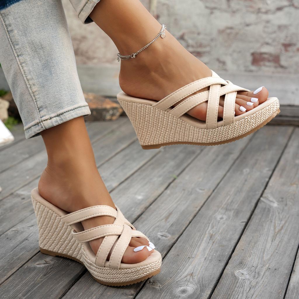 Style Woven Open Toe Slippers For Women With Thick Sole And Pu Upper