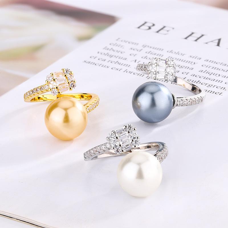 Jewelry Copper Platinum Plated Pearl Adjustable Ring Women 12Mm