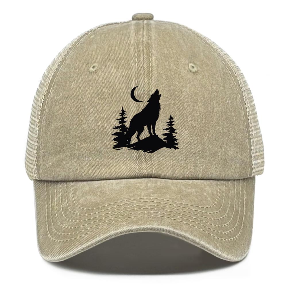 Howling Wolf Snapback Mesh Cap Forest Wolf Trucker Cap Solid Color Non-Stretch Fabric Adjustable Baseball Hat For Women & Men