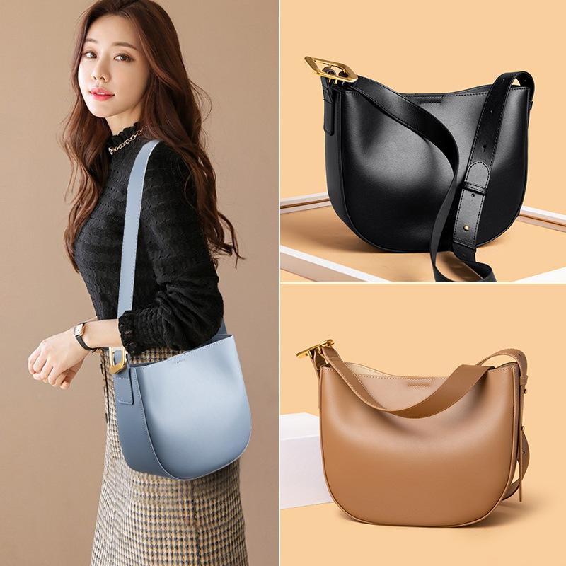 Geantă semi-rotundă de nișă pentru femei din piele naturală Geantă de subrat din piele de vacă pentru umăr, retro, simplă