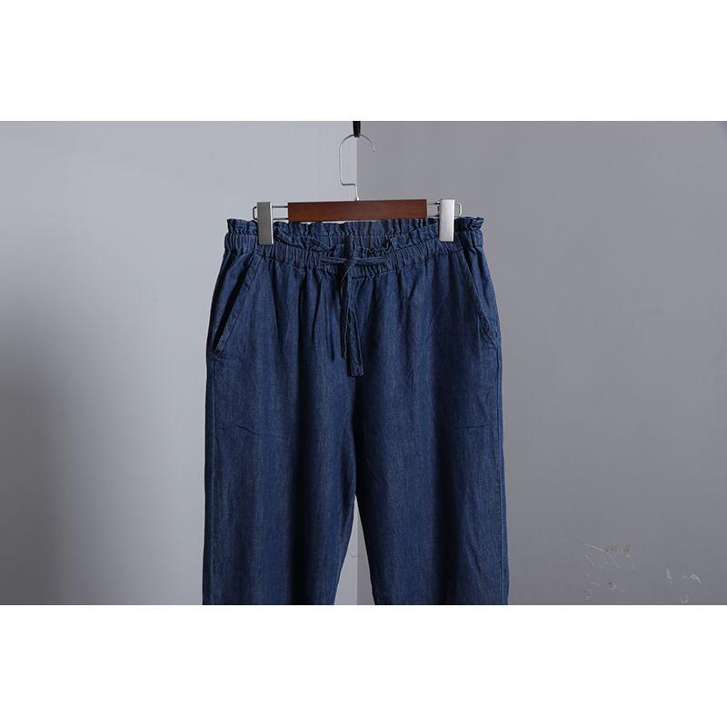 Tencel Dark Blue Lace Elastic Waist Spring and Summer Straight-Leg Pants