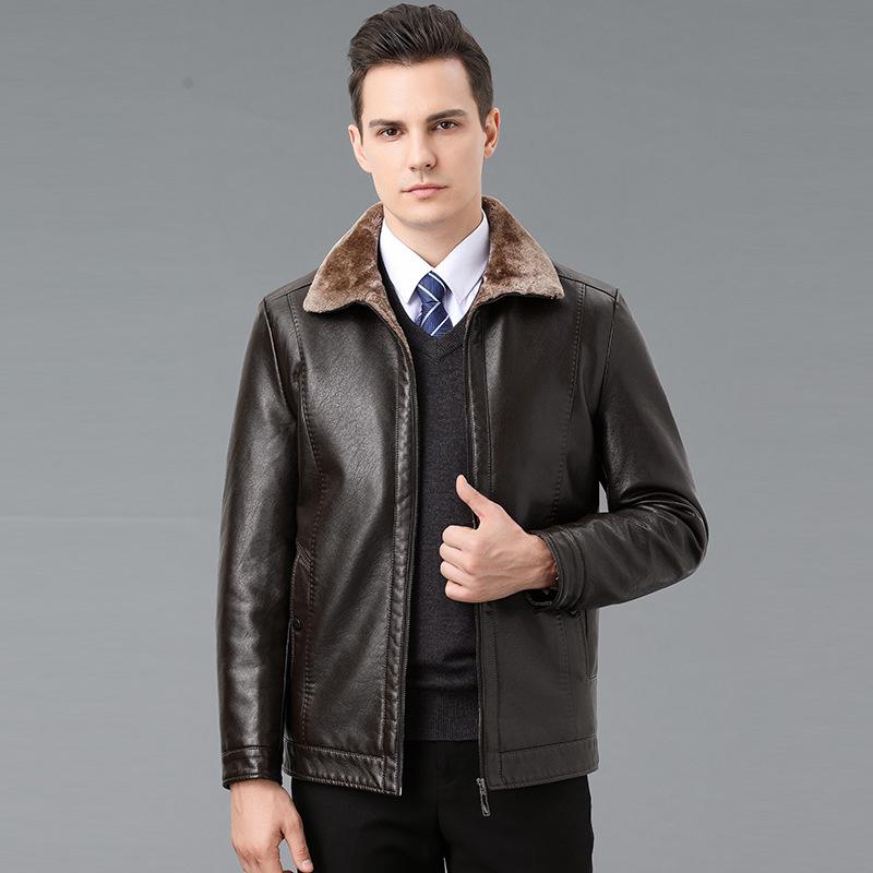 Genuine Leather Jacket for Middle-aged and Elderly Dads, Sheepskin Lapel Jacket, Velvet Thickened Men's Jacket