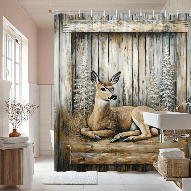 1Pc Deer Shower Curtain - Snow-Covered Pine Trees, Serene Natural Ambiance, 70.8X70.8", 12 Hooks, Polyester, Machine Washable