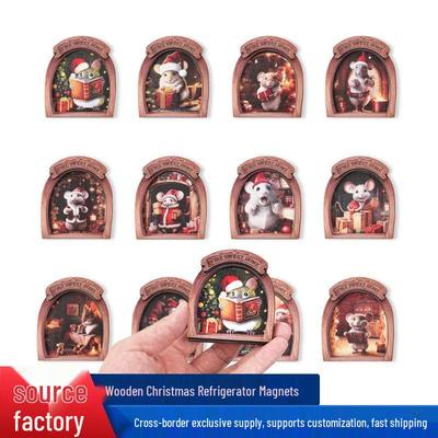 MZCT181-192 3D Wooden Christmas Mouse Hole Refrigerator Magnet & Memo Holder