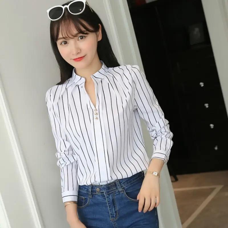 Women White Tops Blouses Fashion Stripe Print Casual Long Sleeve Office Lady OL Shirts Slim Blusas