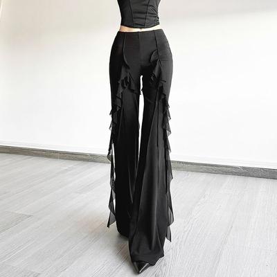 Pantaloni a zampa a vita alta con bordo a balze da donna, vestibilità slim, elasticizzati, lunghi, design alla moda