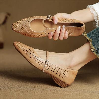 Fashion 2025 New Summer Cow Leather Woman Shoe Square Toe Women Pumps Women Shoes Fashion Hollow Out Mary Jane Shoes Low Heel Shoes