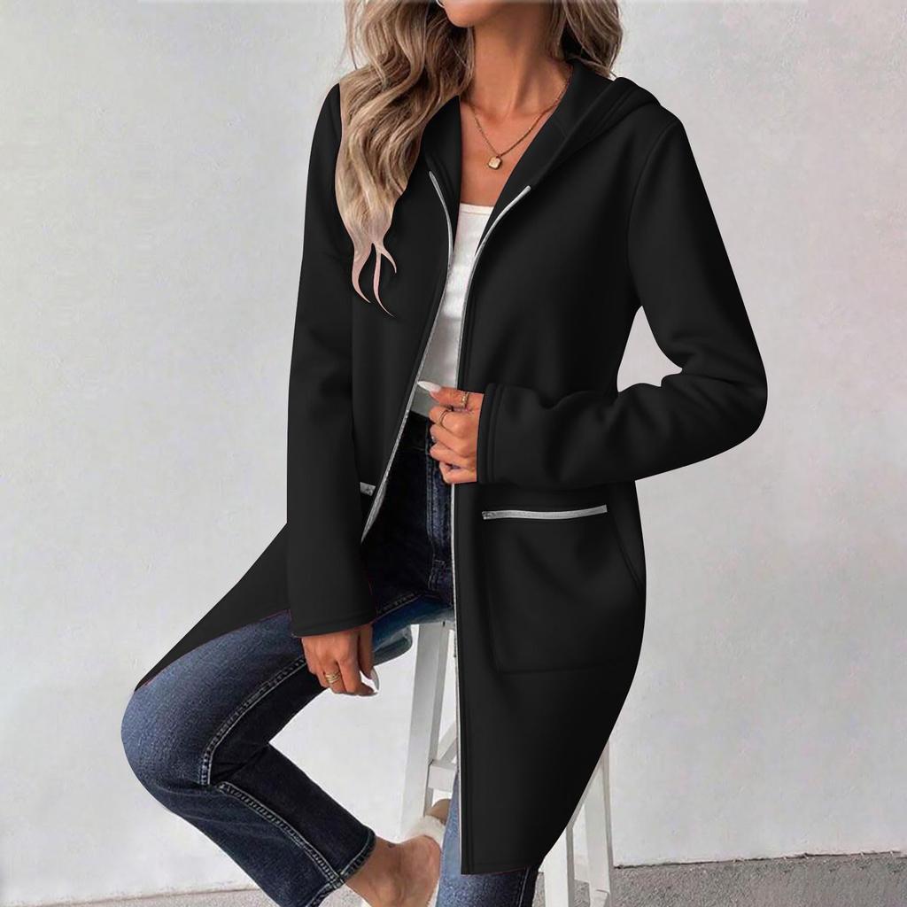 Women's Fashionable Solid Color Coat Long Sleeved Pocket Long Hoodies Zipper Casual Jackets Sweatshirts Clothes