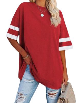 Camiseta de Mujer Oversize Bloque de Color Manga Media Cuello Redondo Holgada Túnica Top de Algodón