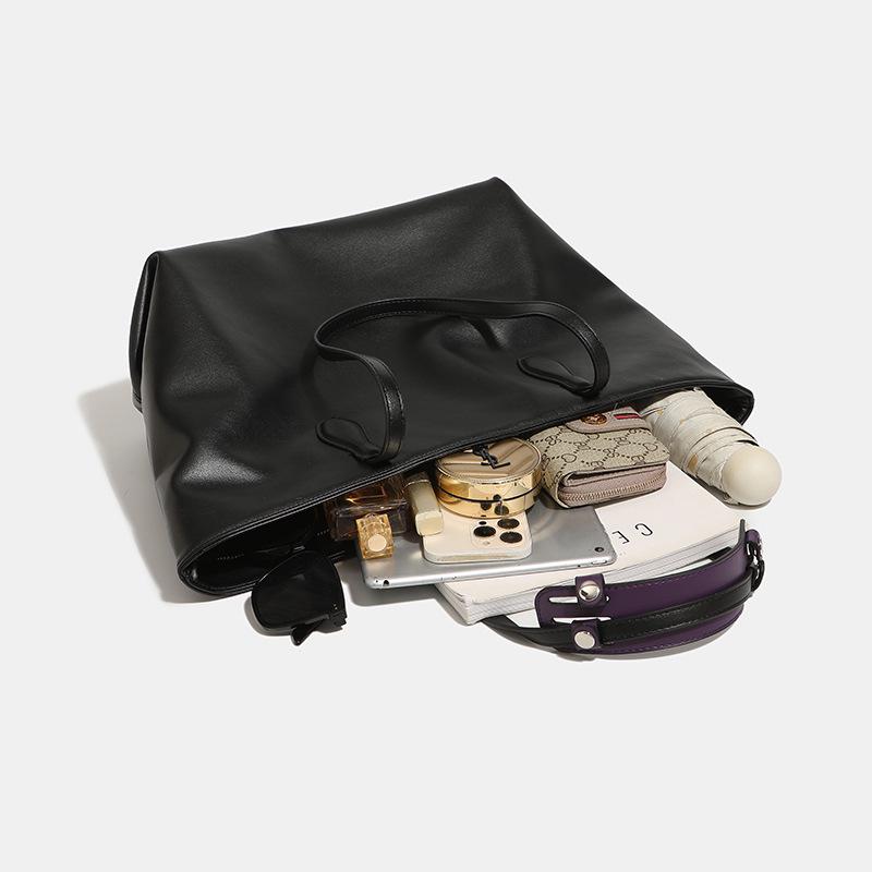 2024 Women's Black Soft Leather Tote Bag - Large Capacity, Versatile Korean Style, Perfect for Commute & Student Use