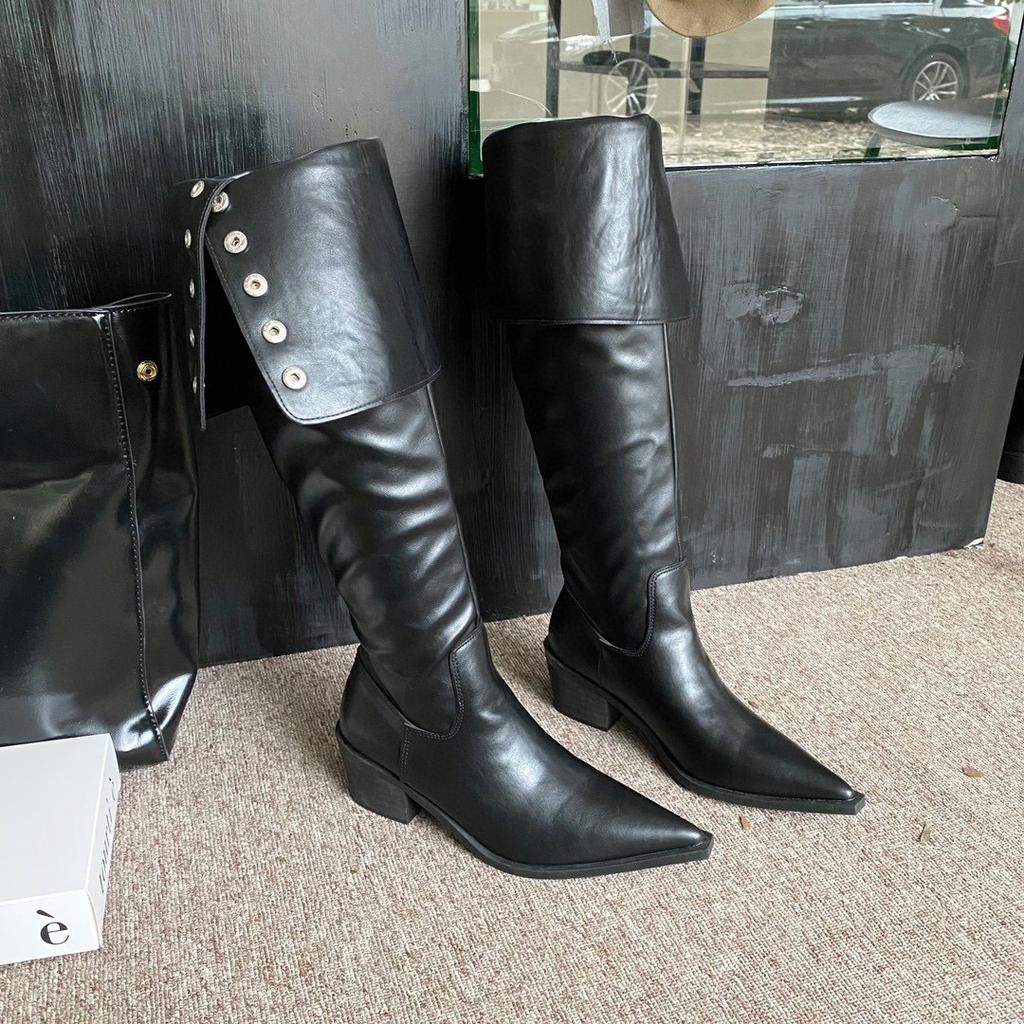 2025 autumn European and American style pointed head rivet buckle thick heel two through knee boots