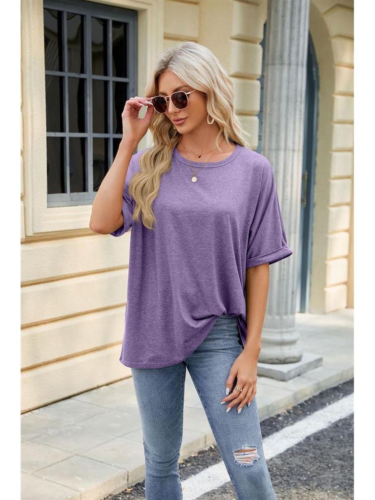 2024 Women's Spring/Summer Loose Solid Color Round Neck Short Sleeve T-Shirt