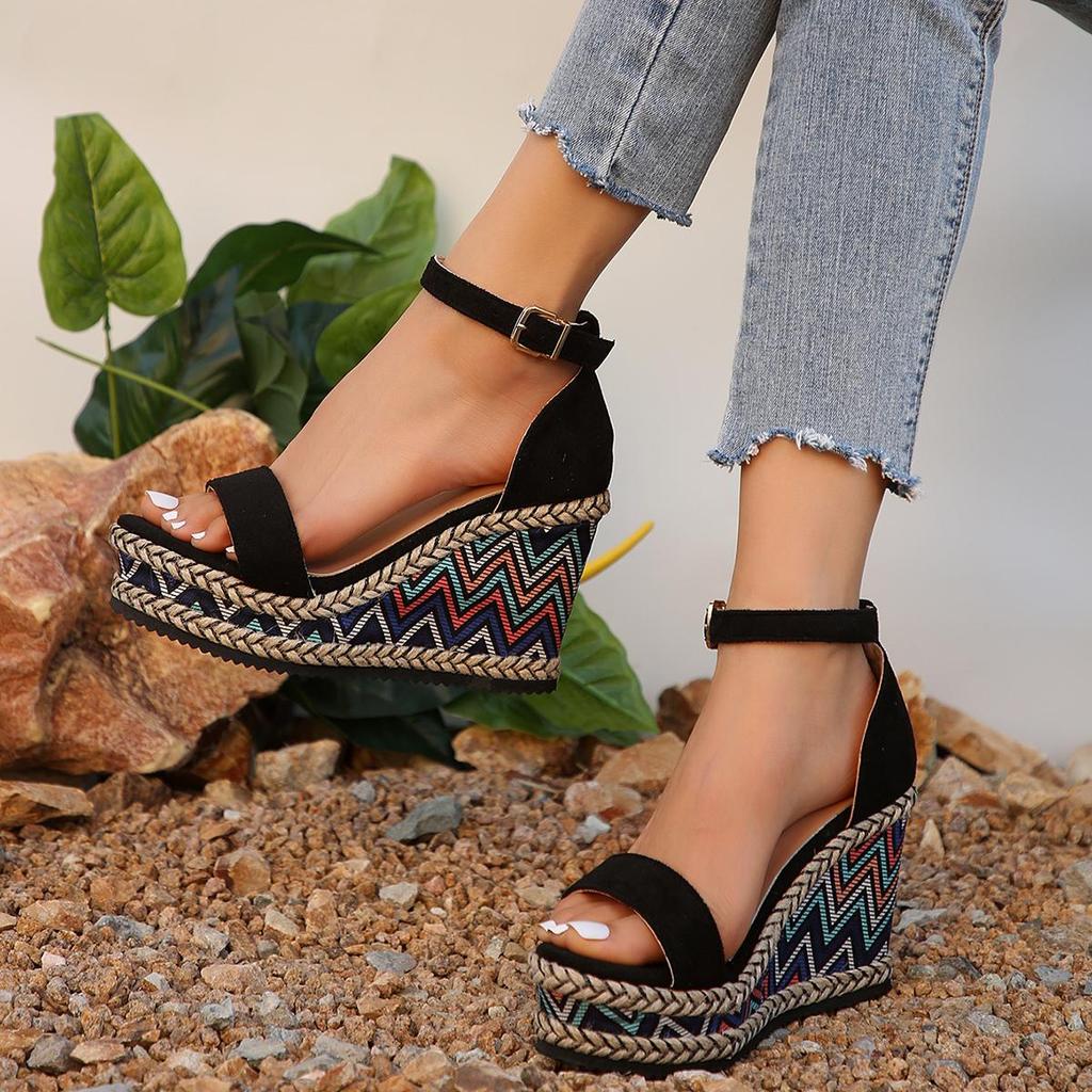 Women's Wedge Sandals Platform Sandals Black Buckle High-heel