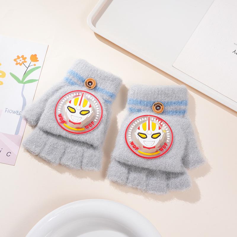 Kids' Cartoon Knitted Flip-Top Fingerless Winter Gloves - Unisex, Warm, Velvet-Lined, Thickened