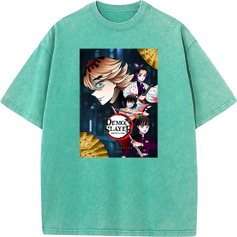 Demon Slayer Kochou Shinobu Inosuke Anime Clothing Men Women Retro Washed T-shirts Manga Cotton Tshirt Harajuku Male T Shirt