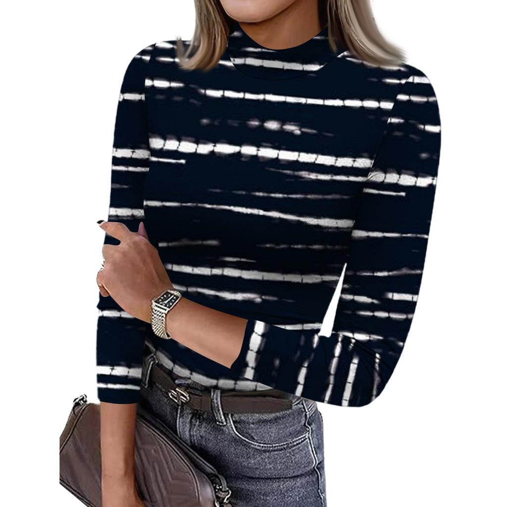 Women's Slim Bottom T-shirt Fashion Casual Stripe Printing Round Neck Pullover 3/4 Sleeve Top