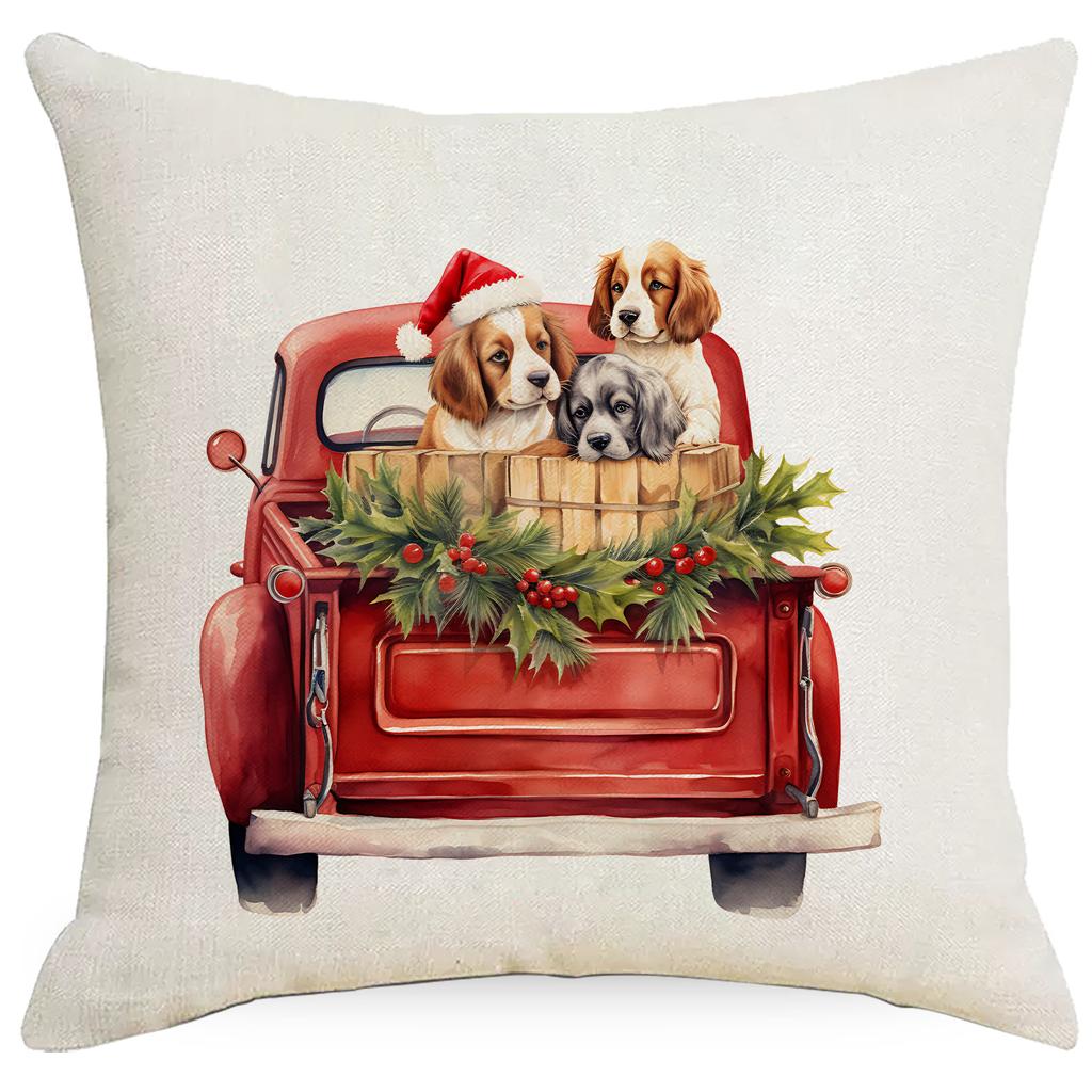New Christmas Pillowcase Vintage Red Truck Cute Dog Christmas Tree Print Cushion Cover