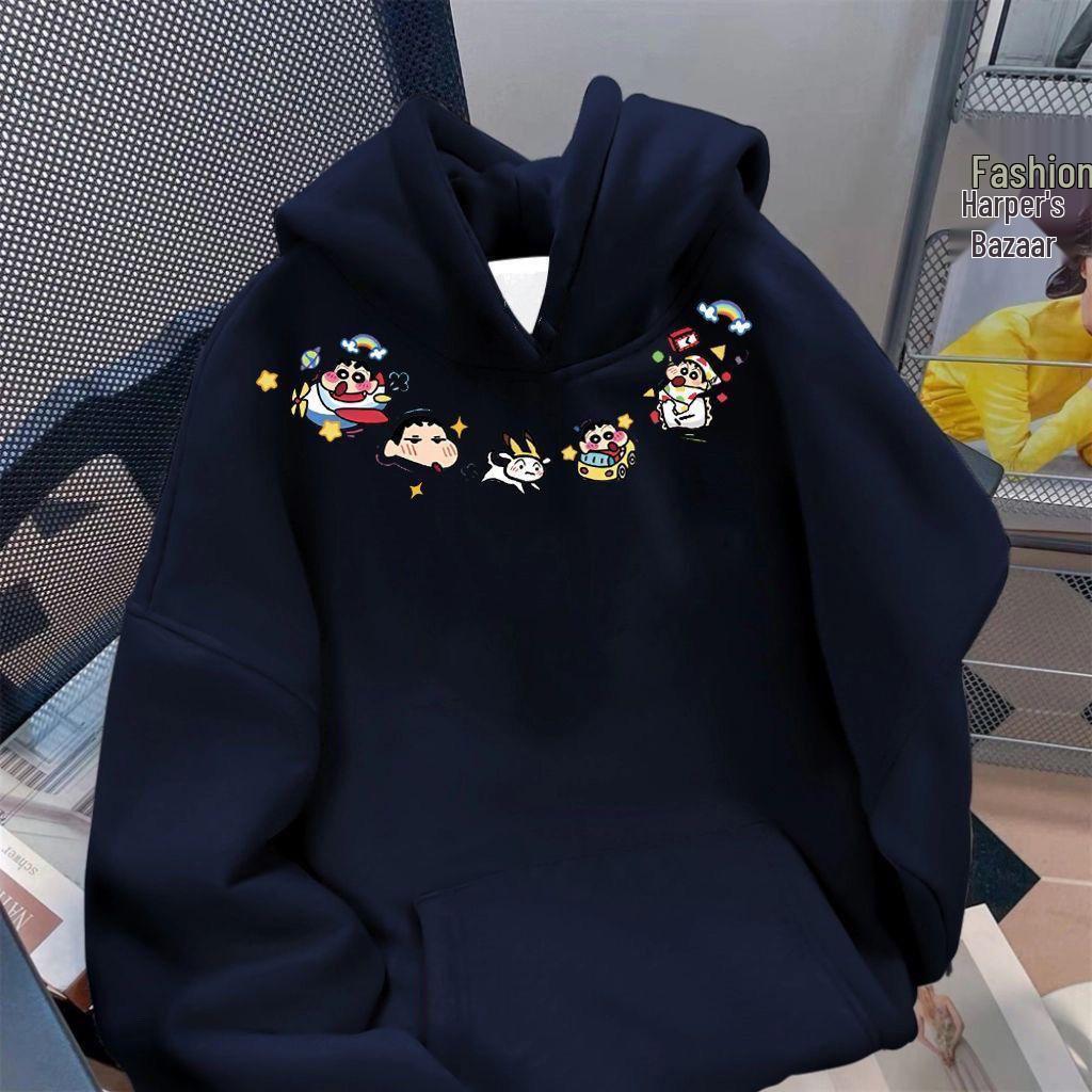 Herren Crayon Shin-chan Dunkelblauer Fleece-gefütterter Hoodie – Herbst/Winter Lässiges und Vielseitiges Oberteil für Teenager
