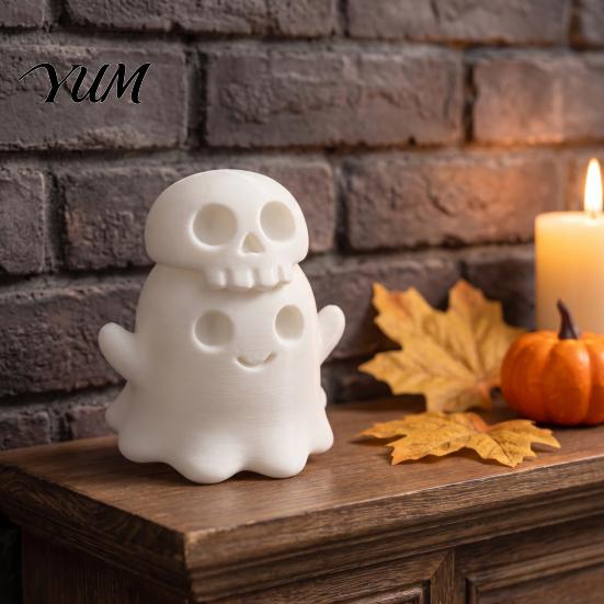 Small Halloween Collectibles 3D Printed Cute Ghost Skull Figurine, Stacked on Shelf Display Figurines Statue, Spooky Desktop Ornament, Fun Holiday
