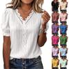 Women Casual Hollow Out Short Sleeve Blouse V Neck Lace Trim Puff Sleeve Lightweight Top for Everyday Wear