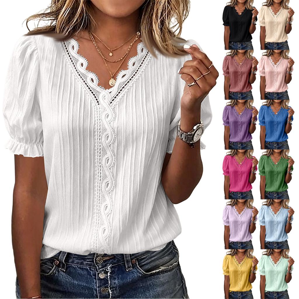 Women Casual Hollow Out Short Sleeve Blouse V Neck Lace Trim Puff Sleeve Lightweight Top for Everyday Wear