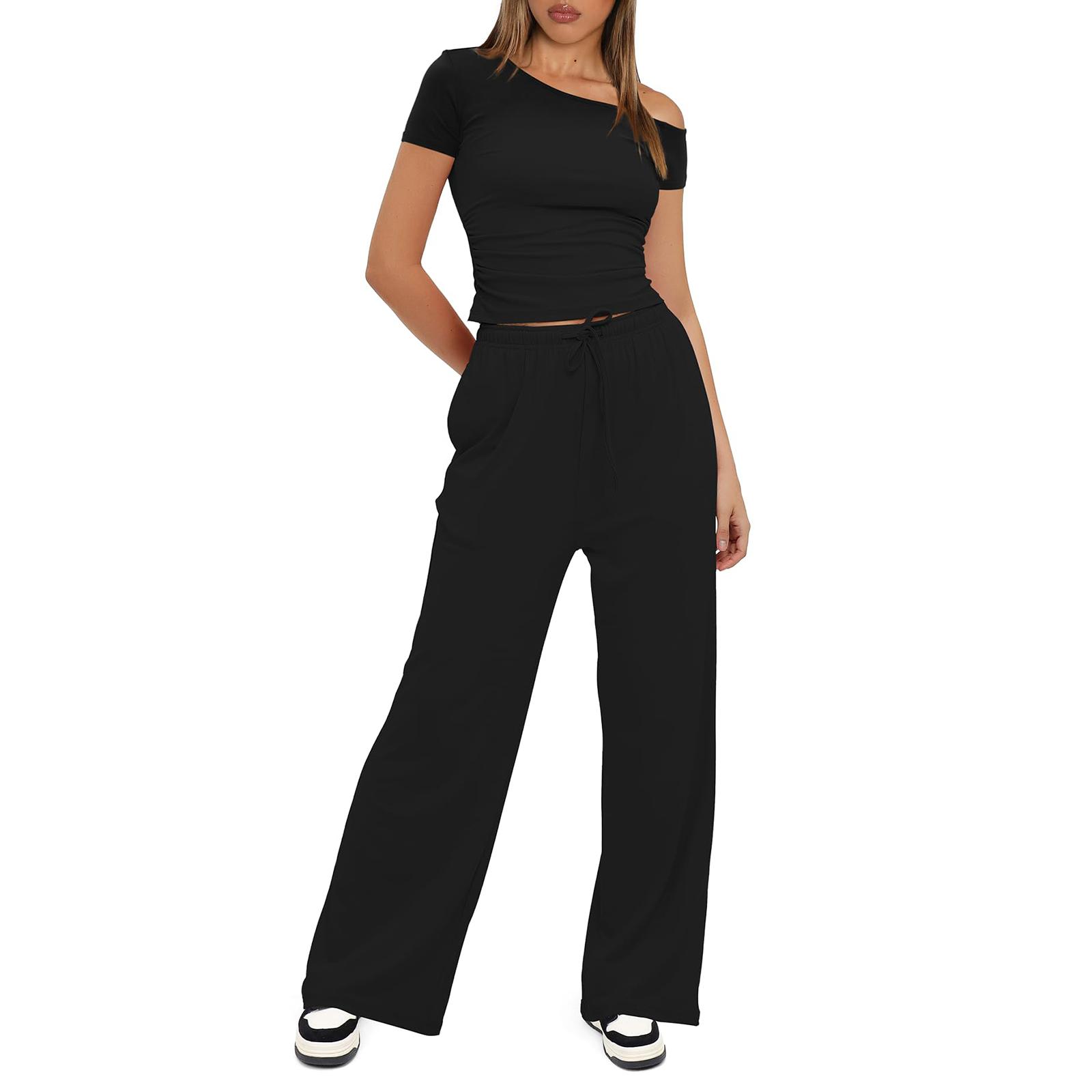 

Two Piece Sets For Women Casual Loose Long Sleeve Shirts And High Waisted Drawstring Shorts Tracksuit Outfits XXL чорний