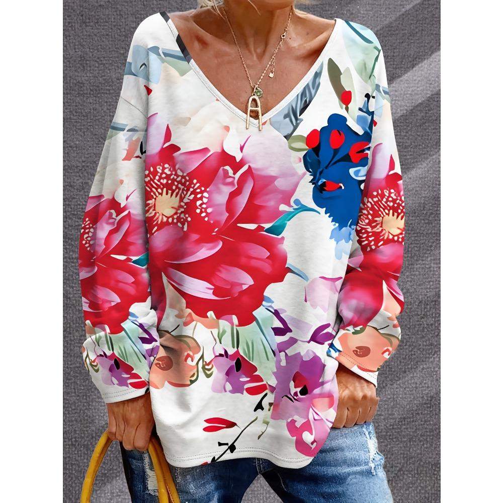 Large-size lady s V-neck printed loose top 1XL